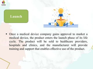  Once a medical device company gains approval to market a
medical device, the product enters the launch phase of its life
cycle. The product will be sold to healthcare providers,
hospitals and clinics, and the manufacturer will provide
training and support that enables effective use of the product.
Launch
 