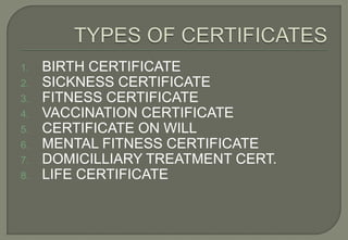 1.   BIRTH CERTIFICATE
2.   SICKNESS CERTIFICATE
3.   FITNESS CERTIFICATE
4.   VACCINATION CERTIFICATE
5.   CERTIFICATE ON WILL
6.   MENTAL FITNESS CERTIFICATE
7.   DOMICILLIARY TREATMENT CERT.
8.   LIFE CERTIFICATE
 