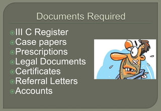 III
   C Register
Case papers
Prescriptions
Legal Documents
Certificates
Referral Letters
Accounts
 
