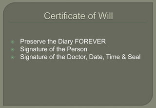    Preserve the Diary FOREVER
   Signature of the Person
   Signature of the Doctor, Date, Time & Seal
 