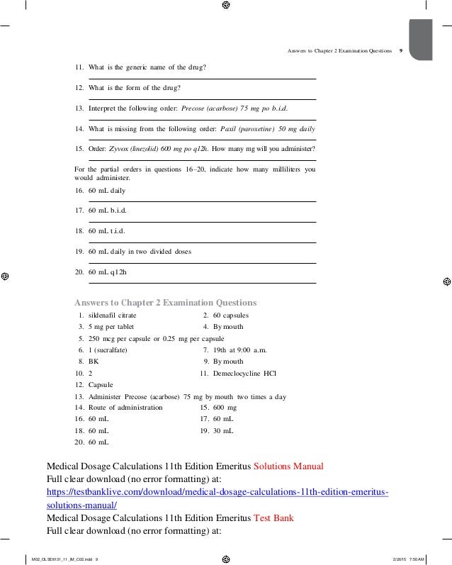 Medical Dosage Calculations 11th Edition Emeritus Solutions Manual