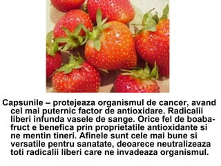 Capsunile – protejeaza organismul de cancer, avand cel mai puternic factor de antioxidare. Radicalii liberi infunda vasele de sange. Orice fel de boaba-fruct e benefica prin proprietatile antioxidante si ne mentin tineri. Afinele sunt cele mai bune si versatile pentru sanatate, deoarece neutralizeaza toti radicalii liberi care ne invadeaza organismul.  