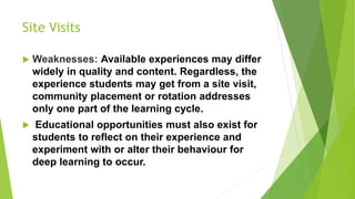 Site Visits
 Weaknesses: Available experiences may differ
widely in quality and content. Regardless, the
experience students may get from a site visit,
community placement or rotation addresses
only one part of the learning cycle.
 Educational opportunities must also exist for
students to reflect on their experience and
experiment with or alter their behaviour for
deep learning to occur.
 