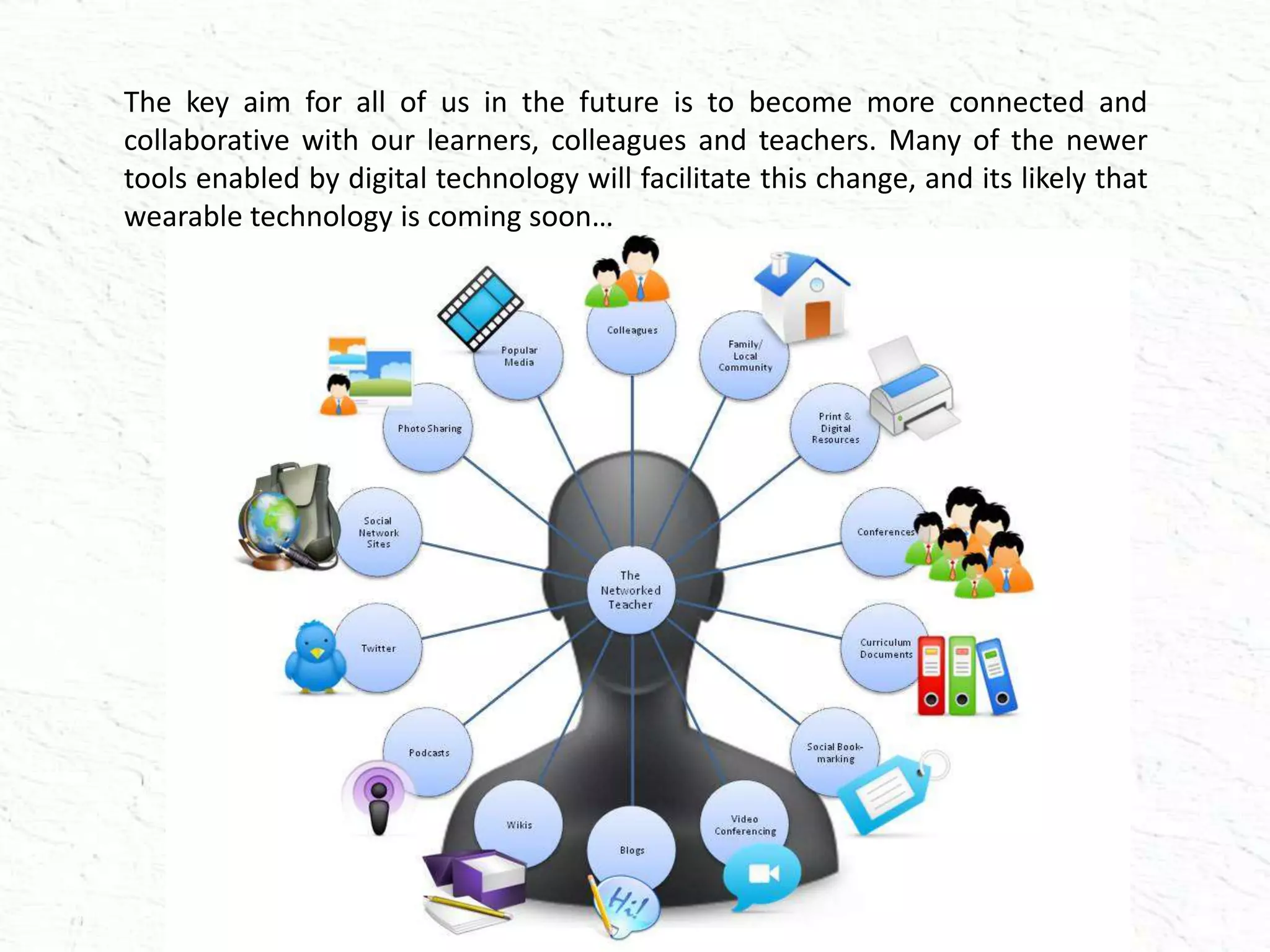 The key aim for all of us in the future is to become more connected and
collaborative with our learners, colleagues and teachers. Many of the newer
tools enabled by digital technology will facilitate this change, and its likely that
wearable technology is coming soon…
 
