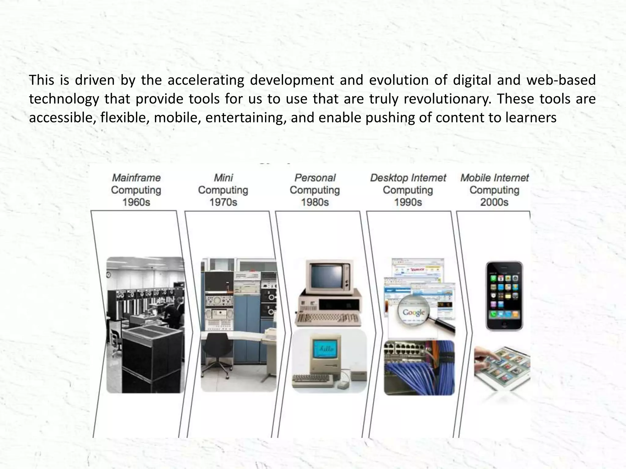 This is driven by the accelerating development and evolution of digital and web-based
technology that provide tools for us to use that are truly revolutionary. These tools are
accessible, flexible, mobile, entertaining, and enable pushing of content to learners
 