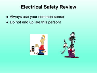 Electrical Safety Review
   Always use your common sense
   Do not end up like this person!
 