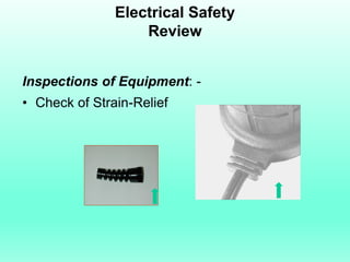 Electrical Safety
                   Review


Inspections of Equipment: -
• Check of Strain-Relief
 