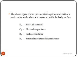  The above figure shows the electrical equivalent circuit of a
surface electrode when it is in contact with the body surface
29 January 201926
 