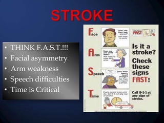 •
•
•
•
•

THINK F.A.S.T.!!!
Facial asymmetry
Arm weakness
Speech difficulties
Time is Critical

 