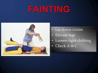 •
•
•
•

Lie down victim
Elevate legs
Loosen tight clothing
Check A-B-C

 