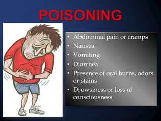 Abdominal pain or cramps
Nausea
Vomiting
Diarrhea
Presence of oral burns, odors
or stains
• Drowsiness or loss of
consciousness
•
•
•
•
•

 