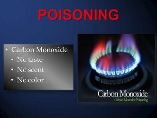 • Carbon Monoxide
• No taste
• No scent
• No color

 