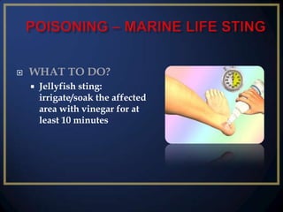 

WHAT TO DO?


Jellyfish sting:
irrigate/soak the affected
area with vinegar for at
least 10 minutes

 