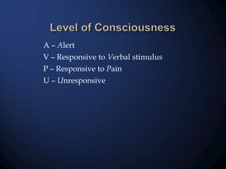 A – Alert
V – Responsive to Verbal stimulus

P – Responsive to Pain
U – Unresponsive

 