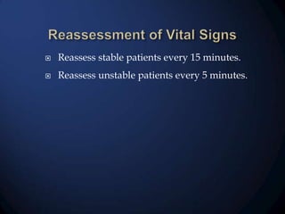 

Reassess stable patients every 15 minutes.



Reassess unstable patients every 5 minutes.

 