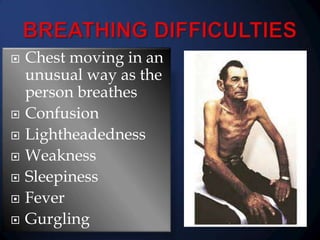 









Chest moving in an
unusual way as the
person breathes
Confusion
Lightheadedness
Weakness
Sleepiness
Fever
Gurgling

 