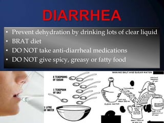 •
•
•
•

Prevent dehydration by drinking lots of clear liquid
BRAT diet
DO NOT take anti-diarrheal medications
DO NOT give spicy, greasy or fatty food

 