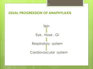 USUAL PROGRESSION OF ANAPHYLAXIS
Skin
Eye , Nose , GI
Respiratory system
Cardiovascular system
61
 