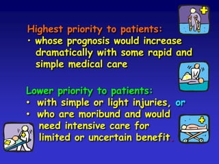 Highest priority to patients:
• whose prognosis would increase
dramatically with some rapid and
simple medical care
Lower priority to patients:
• with simple or light injuries, or
• who are moribund and would
need intensive care for
limited or uncertain benefit.

 
