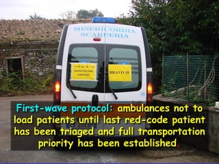 First-wave protocol: ambulances not to
load patients until last red-code patient
has been triaged and full transportation
priority has been established.

 