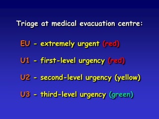 Triage at medical evacuation centre:
EU - extremely urgent (red)
U1 - first-level urgency (red)

U2 - second-level urgency (yellow)
U3 - third-level urgency (green)

 