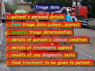 Triage data
• patient's personal details
• field triage data (colour, scores)

• hospital triage determination
• details of patient's clinical condition
• details of treatments applied
• results of any diagnostic tests
• final treatment to be given to patient.

 