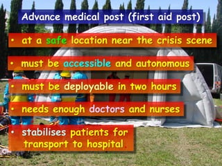 Advance medical post (first aid post)
• at a safe location near the crisis scene

• must be accessible and autonomous
• must be deployable in two hours
• needs enough doctors and nurses
• stabilises patients for
transport to hospital.

 