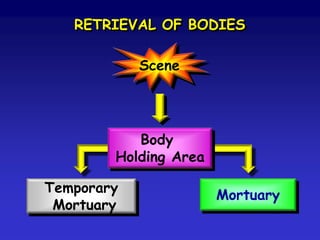 RETRIEVAL OF BODIES
Scene

Body
Holding Area
Temporary
Mortuary

Mortuary

 