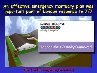 An effective emergency mortuary plan was
important part of London response to 7/7

The London temporary mortuary

 
