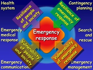 Health
system

Emergency
medical
response

Emergency
communications

Contingency
planning

Emergency
response

Search
and
rescue

Emergency
management

 