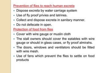 Prevention of flies to reach human excreta
 Dispose excreta by water carriage system
 Use of fly proof privies and latrines.
 Collect and dispose excreta in sanitary manner.
 Do not defecate in open.
Protection of food from flies
 Cover with wire gauge or muslin cloth
 The stall owners should cover the eatables with wire
gauge or should in glass cases, or fly proof almirahs.
 The doors, windows and ventilators should be fitted
with wire mesh.
 Use of fans which prevent the flies to settle on food
products
 