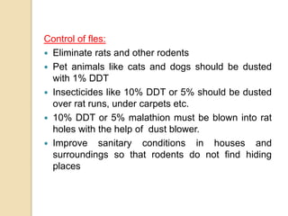 Control of fles:
 Eliminate rats and other rodents
 Pet animals like cats and dogs should be dusted
with 1% DDT
 Insecticides like 10% DDT or 5% should be dusted
over rat runs, under carpets etc.
 10% DDT or 5% malathion must be blown into rat
holes with the help of dust blower.
 Improve sanitary conditions in houses and
surroundings so that rodents do not find hiding
places
 