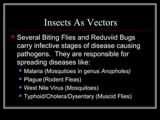 Insects As Vectors
 Several Biting Flies and Reduviid Bugs
carry infective stages of disease causing
pathogens. They are responsible for
spreading diseases like:
 Malaria (Mosquitoes in genus Anopholes)
 Plague (Rodent Fleas)
 West Nile Virus (Mosquitoes)
 Typhoid/Cholera/Dysentary (Muscid Flies)
 