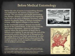 Before Medical Entomology
Throughout most of the nineteenth century, the
ways in which diseases were transmitted were
unclear. The uncertainty and doubt surrounding
one disease, Malaria, is reflected in the engraving
to the left in the style of Maurice Davedant, which
depicts the ghastly figure of Malaria haunting a
swamp, while figures collapse or flee nearby.
In the nineteenth century, Malaria was a deadly
threat in the United States, as the image from the
1870 census illustrates. Areas in red indicate
regions where the proportions of death due to
Malaria were highest. It was not until the end of the
nineteenth century that the role of Mosquitoes in
spreading Malaria was finally understood. In 1897
the publication of Ronald Ross's observations the
malaria parasite inside mosquitos would began the
era of medical entomology.
Images:
A follower of Maurice Sand, “Allegory of Malaria,” (1920?), Wellcome Images
(V0010519), http://catalogue.wellcomelibrary.org/record=b1168817.
U.S. Census Office, Statistical Atlas of the United States ([New York] J. Bien,
lith., 1874), Pl. 42,. http://hdl.loc.gov/loc.gmd/g3701gm.gct00297.
 