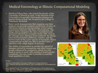  Marilyn O’Hara Ruiz, who joined the faculty of the
University of Illinois in 2001, is the Director of the
University's Geographic Information Science and
Spatial Epidemiology lab, located in the College of
Veterinary Medicine.
 Ruiz's work demonstrates that mapping and data
analysis can provide accurate predictions of rates of
infections, based on our knowledge of how insect
populations interact with their environments. The
image above compares the rates of predicted and
observed infection by mosquito-borne Nile virus in
the Chicago area, during a 2005 outbreak. By taking
local environmental conditions, weather, and the
known traits of the Culex species of mosquito, Ruiz's
computational model was able to predict rates of
infection with a high degree of accuracy.
 The ability of researchers to predict the spread of
diseases carried by mosquitoes and other insects was
greatly enhanced by computers, which not only
made it easier to work with models of much greater
complexity, but also made it possible to consider
large quantities of data.
Images:
Marilyn O’Hara Ruiz, University of Illinois at Urbana Directory.
http://illinois.edu/ds/search?search_type=userid&search=moruiz&skinId=
333
Ruiz, Marilyn O et al. “Local Impact of Temperature and Precipitation on
West Nile Virus Infection in Culex species Mosquitoes in Northeast Illinois,
USA.” Parasites & Vectors 3 (2010), 19.
Medical Entomology at Illinois: Computational Modeling
 