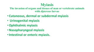 Myiasis
The invasion of organs and tissues of man or vertebrate animals
with dipterous larvae
• Cutaneous, dermal or subdermal myiasis
• Urinogenital myiasis
• Ophthalmic myiasis
• Nasopharyngeal myiasis
• Intestinal or enteric myiasis.
 