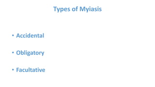 Types of Myiasis
• Accidental
• Obligatory
• Facultative
 
