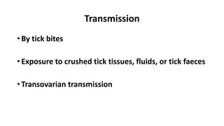 Transmission
• By tick bites
• Exposure to crushed tick tissues, fluids, or tick faeces
• Transovarian transmission
 
