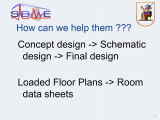 How can we help them ???
Concept design -> Schematic
design -> Final design
Loaded Floor Plans -> Room
data sheets
10
 