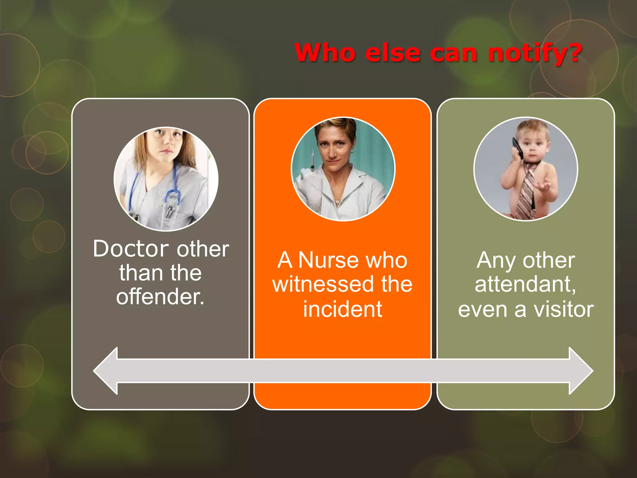 Who else can notify?
Doctor other
than the
offender.
A Nurse who
witnessed the
incident
Any other
attendant,
even a visitor
 