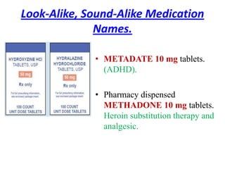 Look-Alike, Sound-Alike Medication
Names.
• METADATE 10 mg tablets.
(ADHD).
• Pharmacy dispensed
METHADONE 10 mg tablets.
Heroin substitution therapy and
analgesic.
 
