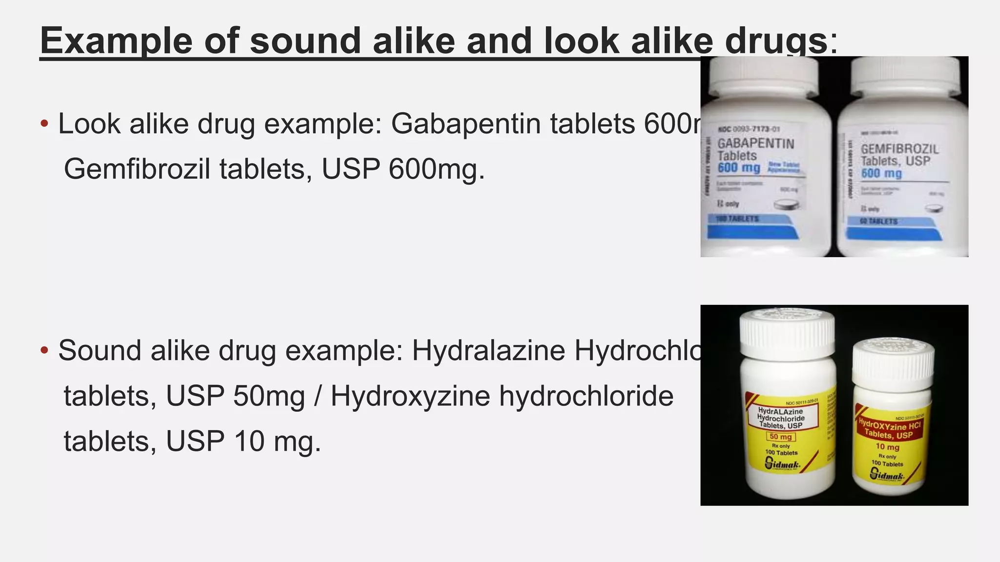 Example of sound alike and look alike drugs:
• Look alike drug example: Gabapentin tablets 600mg/
Gemfibrozil tablets, USP 600mg.
• Sound alike drug example: Hydralazine Hydrochloride
tablets, USP 50mg / Hydroxyzine hydrochloride
tablets, USP 10 mg.
 