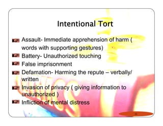 Intentional Tort 
Assault- Immediate apprehension of harm ( 
words with supporting gestures) 
Battery- Unauthorized touching 
False imprisonment 
Defamation- Harming the repute – verbally/ 
written 
Invasion of privacy ( giving information to 
unauthorized ) 
Infliction of mental distress 
11 
 