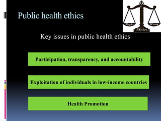 Public health ethics
Key issues in public health ethics
Participation, transparency, and accountability
Exploitation of individuals in low-income countries
Health Promotion
 