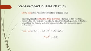 Steps involved in research study
Select a topic which has scientific importance and social value.
Presents synopsis to institutional ethical committee - it should contain your topic,
objective, how will you select your subjects, research methodology, review of literature,
who will bear the financial costs, informed consent, how will you maintain patient
confidentiality.
If approved, conduct your study with ethical principles.
Publish your study.
 