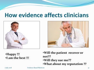 How evidence affects clinicians
•Happy !!!
•I am the best !!!
•Will the patient recover or
not??
•Will they sue me??
•What about my reputation ??
7 July 2018 37Evidence Based Medicine
 