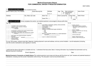 Medical Examination Report
FOR COMMERCIAL DRIVER FITNESS DETERMINATION
649-F (6045)
1. DRIVER'S INFORMATION Driver completes this section
Driver's Name (Last, First, Middle) Social Security No. Birthdate
M / D / Y
Age Sex
M
F
New Certification
Recertification
Follow-up
Date of Exam
Address City, State, Zip Code Work Tel: ( )
Home Tel: ( )
Driver License No. License Class
A
B
C
D
Other
State of Issue
Yes No
Any illness or injury in the last 5 years?
Head/Brain injuries, disorders or illnesses
Seizures, epilepsy
medication_______________________________
Eye disorders or impaired vision (except corrective lenses)
Ear disorders, loss of hearing or balance
Heart disease or heart attack; other cardiovascular condition
medication_______________________________
Heart surgery (valve replacement/bypass, angioplasty,
pacemaker)
High blood pressure medication___________________
Muscular disease
Shortness of breath
Lung disease, emphysema, asthma, chronic bronchitis
Kidney disease, dialysis
Liver disease
Digestive problems
Diabetes or elevated blood sugar controlled by:
diet
pills
insulin
Nervous or psychiatric disorders, e.g., severe depression
medication____________________
Loss of, or altered consciousness
Fainting, dizziness
Sleep disorders, pauses in breathing
while asleep, daytime sleepiness, loud
snoring
Stroke or paralysis
Missing or impaired hand, arm, foot, leg,
finger, toe

Spinal injury or disease
Chronic low back pain
Regular, frequent alcohol use
Narcotic or habit forming drug use
For any YES answer, indicate onset date, diagnosis, treating physician's name and address, and any current limitation. List all medications (including
over-the-counter medications) used regularly or recently.
Yes No
I certify that the above information is complete and true. I understand that inaccurate, false or missing information may invalidate the examination and my
Medical Examiner's Certificate.
Driver's Signature Date
Medical Examiner's Comments on Health History (The medical examiner must review and discuss with the driver any "yes" answers and potential hazards of
medications, including over-the-counter medications, while driving. This discussion must be documented below. )
Yes No


2. HEALTH HISTORY Driver completes this section, but medical examiner is encouraged to discuss with driver.
 