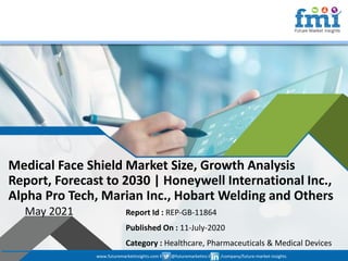 www.futuremarketinsights.com I @futuremarketins I /company/future-market-insights
© 2019 Future Market Insights, All Rights Reserved
Medical Face Shield Market Size, Growth Analysis
Report, Forecast to 2030 | Honeywell International Inc.,
Alpha Pro Tech, Marian Inc., Hobart Welding and Others
May 2021 Report Id : REP-GB-11864
Published On : 11-July-2020
Category : Healthcare, Pharmaceuticals & Medical Devices
www.futuremarketinsights.com I @futuremarketins I /company/future-market-insights
 
