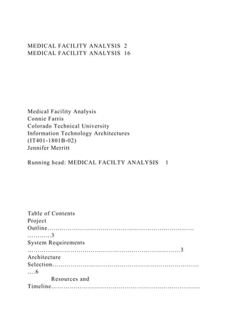 MEDICAL FACILITY ANALYSIS 2
MEDICAL FACILITY ANALYSIS 16
Medical Facility Analysis
Connie Farris
Colorado Technical University
Information Technology Architectures
(IT401-1801B-02)
Jennifer Merritt
Running head: MEDICAL FACILTY ANALYSIS 1
Table of Contents
Project
Outline………………………………………………………………
………...3
System Requirements
…………………………………………………………………3
Architecture
Selection………………………………………………………………
….6
Resources and
Timeline……………………………………………………………….
 