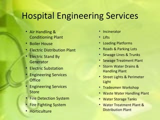 Hospital Engineering Services Air Handling & Conditioning Plant Boiler House Electric Distribution Plant Electric Stand By Generator Electric Substation Engineering Services Office Engineering Services Store Fire Detection System Fire Fighting System Horticulture Incinerator Lifts Loading Platforms Roads & Parking Lots Sewage Lines & Trunks Sewage Treatment Plant Storm Water Drains & Handling Plant Street Lights & Perimeter Light Tradesmen Workshop Waste Water Handling Plant Water Storage Tanks Water Treatment Plant & Distribution Plant 